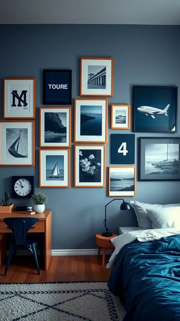23 Stylish Navy Blue Dorm Room Ideas for a Chic Space 13 A navy blue dorm room featuring a collection of framed wall art, a desk, and cozy bedding.