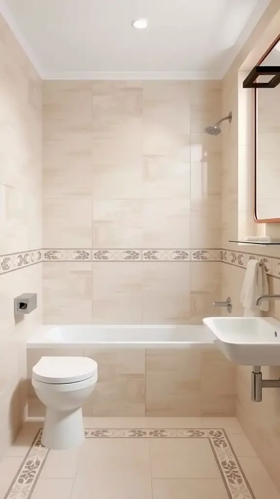 25 Stunning Bathroom Tile Combination Ideas to Transform Your Space 11 A modern bathroom featuring neutral beige tiles with a decorative accent border.