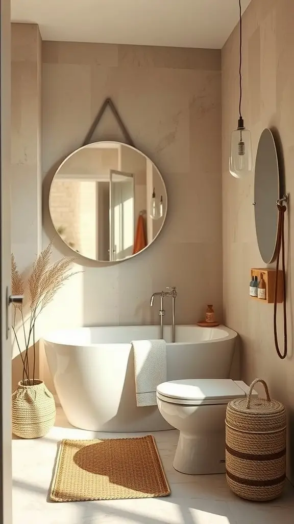 21 Timeless Bathroom Ideas to Transform Your Space 8 A modern bathroom with neutral colors, featuring a freestanding bathtub, round mirrors, and woven baskets.