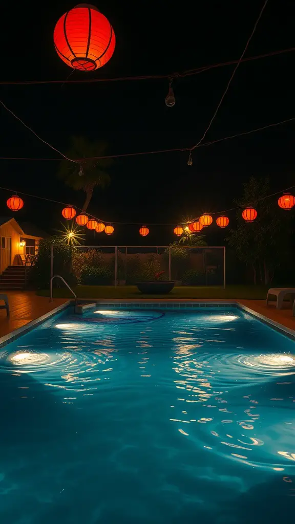 13 Creative Stock Tank Pool Ideas for Your Backyard 7 A stock tank pool at night, illuminated by red lanterns and reflecting lights on the water