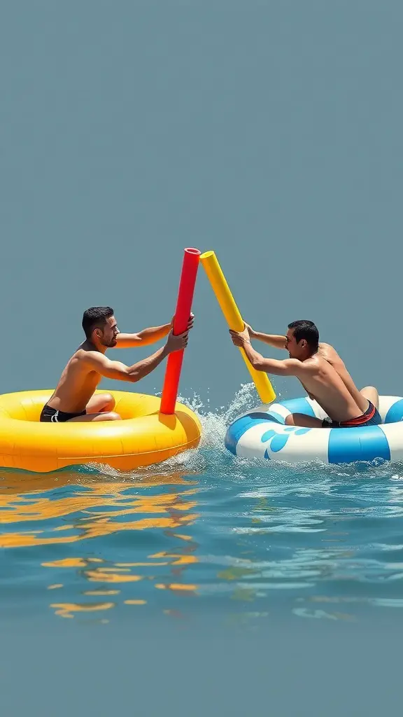 23 Fun Outdoor Party Games for Unforgettable Gatherings 9 Two men jousting with pool noodles while sitting on inflatable floats in water.