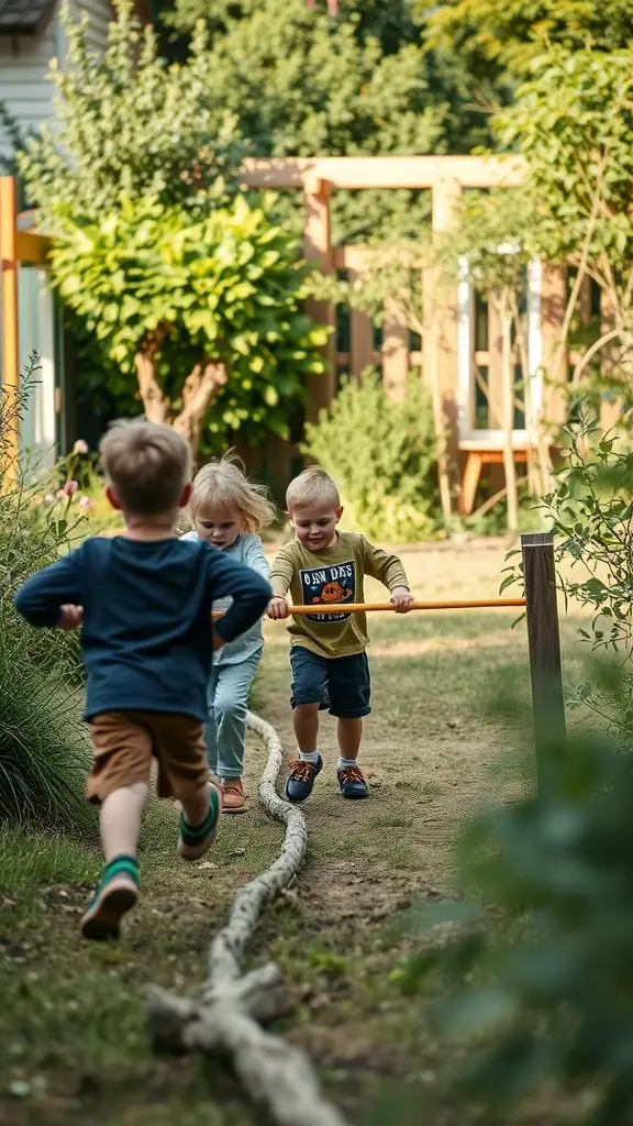 15 Fun Outdoor Activities for Kids to Enjoy 4 Kids participating in an outdoor obstacle course challenge in a garden.