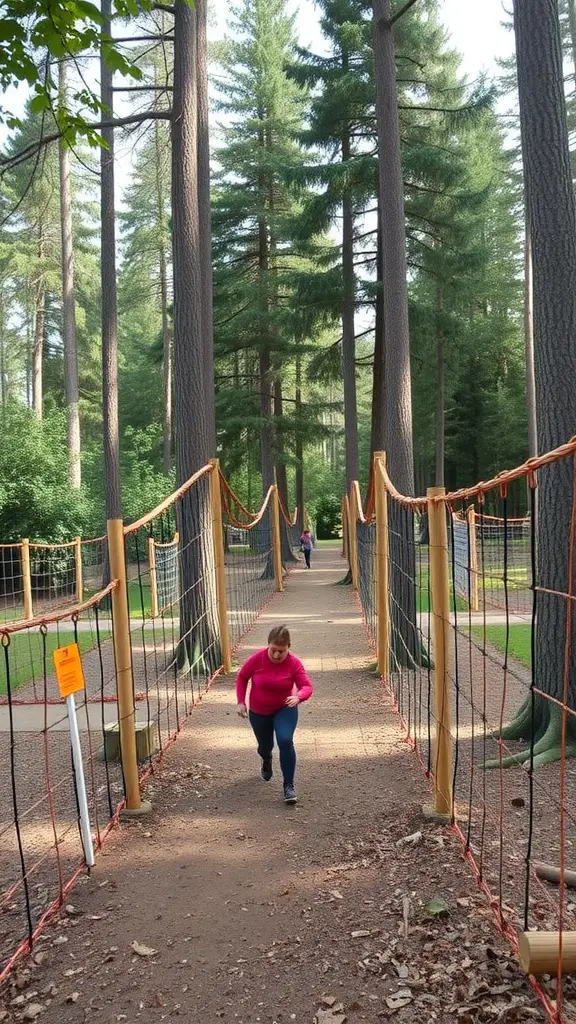 25 Exciting Outdoor Games for Fun-filled Adventures 5 A person running on a suspended pathway in a forest, with tall trees in the background.