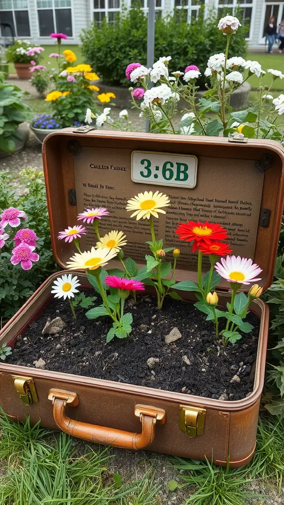 21 Charming Vintage Gardening Ideas to Transform Your Outdoor Space 12 A vintage suitcase filled with colorful flowers, displayed in a garden