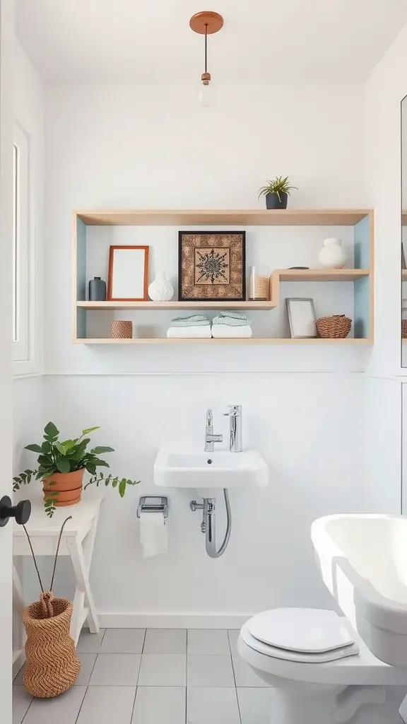 19 Creative Windowless Bathroom Ideas You’ll Love 15 Bright and modern bathroom with open shelving displaying potted plants, towels, and decorative items