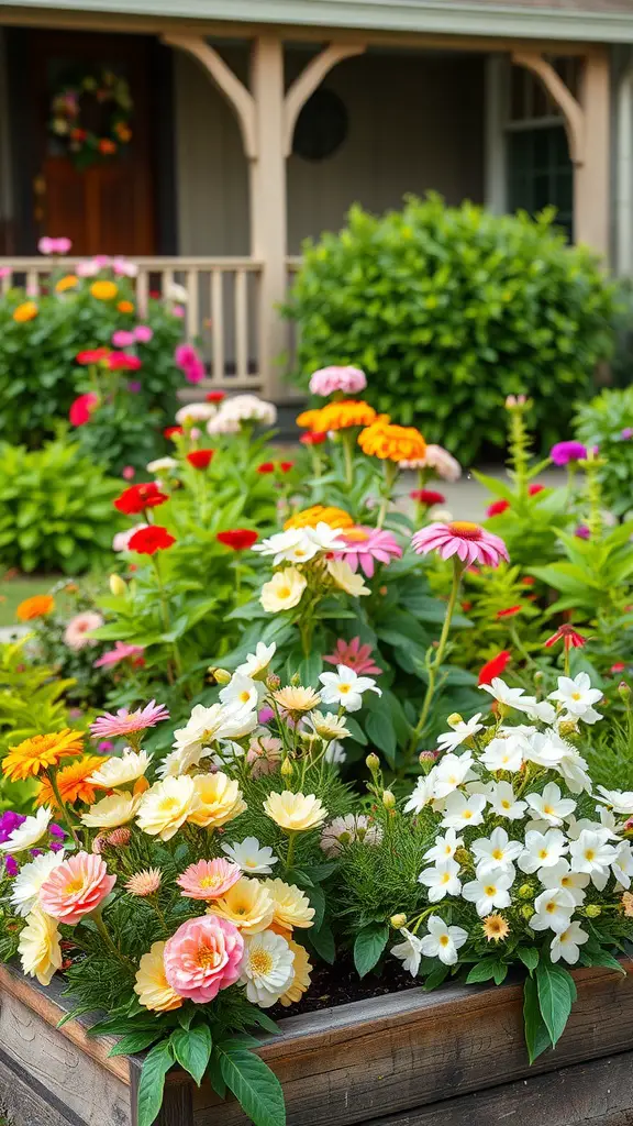 13 Beautiful Raised Flower Bed Ideas for Your Front Yard 7 A colorful raised flower bed featuring a variety of flowers such as zinnias and gerbera daisies in front of a house.