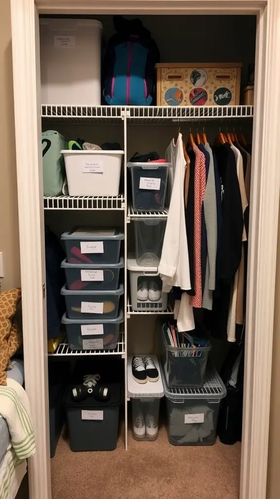19 Stylish Dorm Room Ideas for a Cozy and Functional Space 7 An organized closet system with labeled bins, clothes on hangers, and shoes neatly arranged.