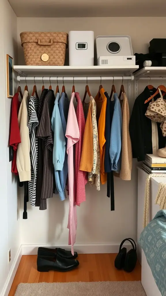 17 Creative Single Dorm Room Ideas You’ll Love 17 A well-organized closet with colorful clothing on hangers, storage baskets, and a pair of black shoes on the floor.
