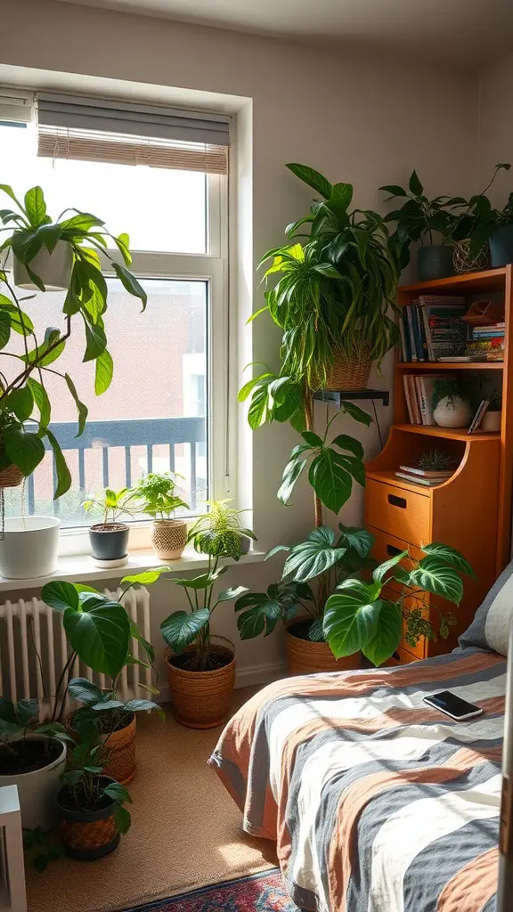 19 Stylish Dorm Room Ideas for Guys 17 A dorm room with various indoor plants, featuring a cozy bed with a striped blanket and a wooden bookshelf in a bright environment.