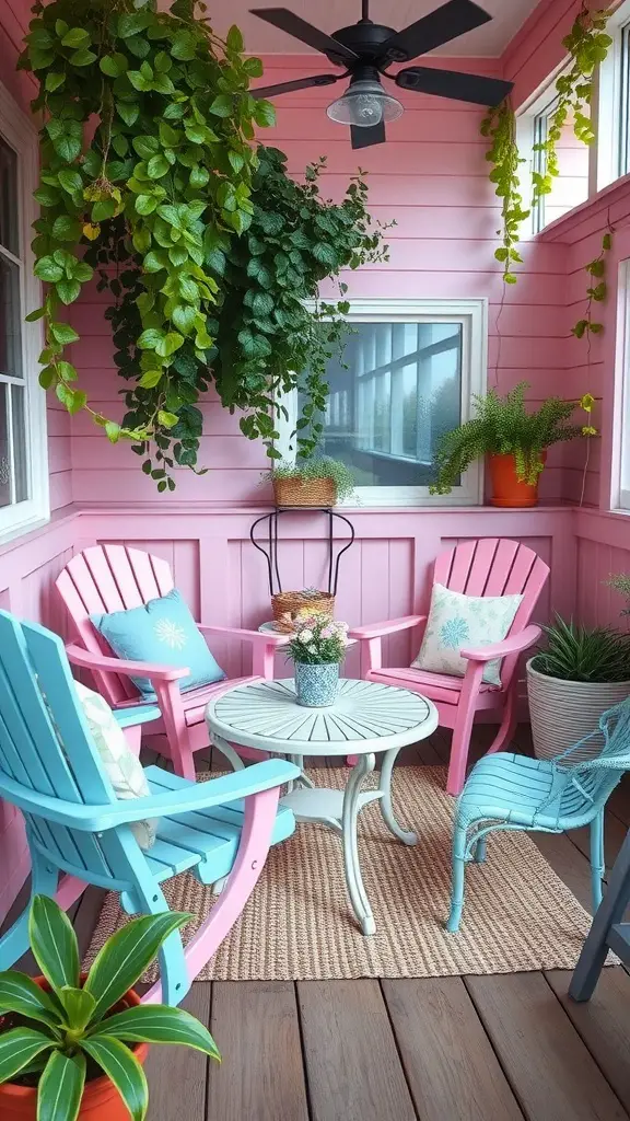 19 Stylish Pink and Blue Dorm Room Ideas to Elevate Your Space 16 A cozy pink and blue patio with adirondack chairs, a round table, and lots of greenery.