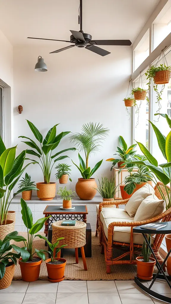 21 Inspiring Summer Room Ideas for a Fresh Look 10 A bright and inviting indoor space filled with various green plants, featuring a comfortable chair and stylish table.