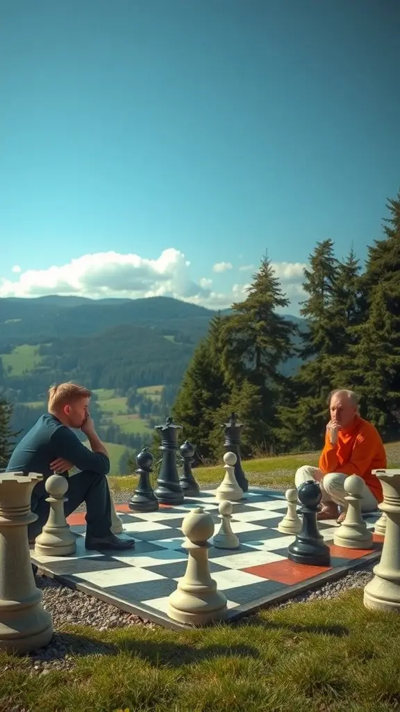 25 Exciting Outdoor Games for Fun-filled Adventures 15 Two men playing chess on a large outdoor board with scenic mountains in the background.