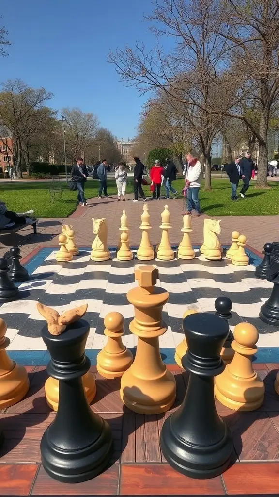 25 Enchanting Outdoor Fairy Garden Ideas to Inspire Your Creativity 29 An outdoor chess game setup featuring large chess pieces on a checkered board with people in a park setting.