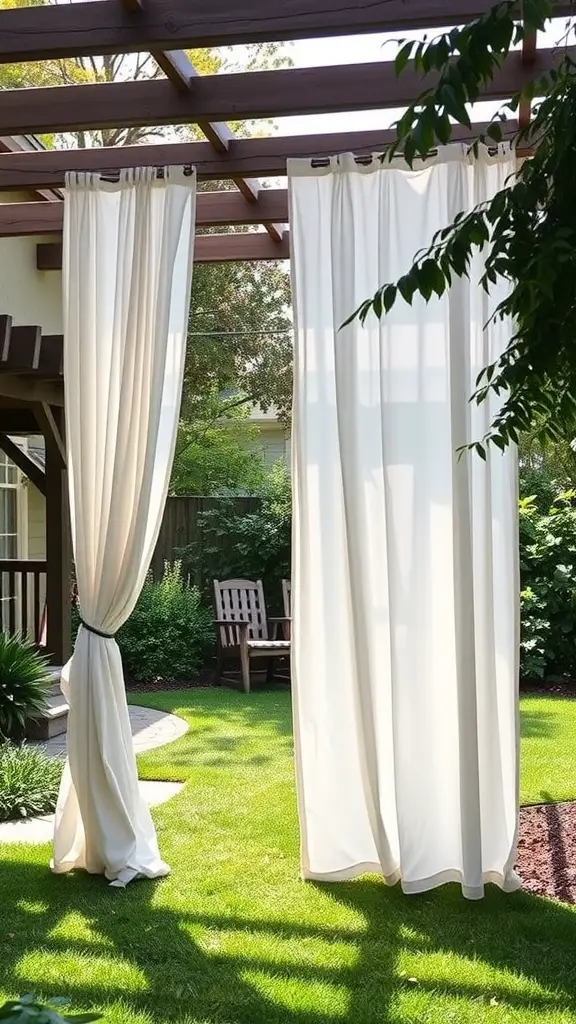 21 Creative Backyard Privacy Ideas to Keep Neighbors at Bay 7 Sheer white outdoor curtains hanging from a wooden pergola in a green backyard