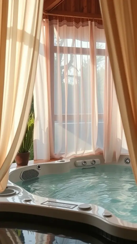 19 Creative Hot Tub Privacy Ideas for Ultimate Relaxation 8 A hot tub surrounded by soft outdoor curtains with a hint of natural light