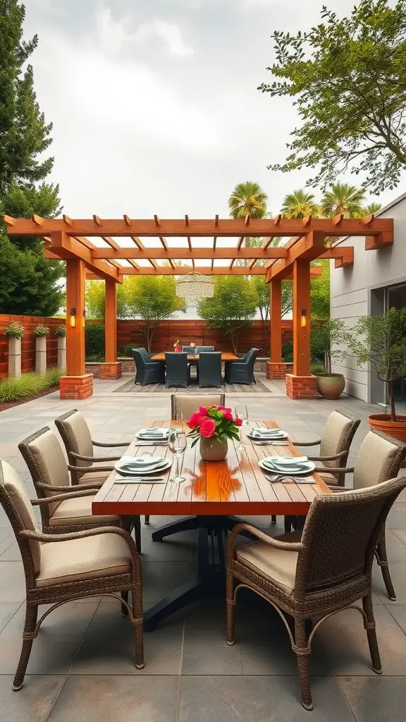 23 Inspiring Backyard Layout Ideas for Your Outdoor Oasis 6 Outdoor dining area with a wooden table and chairs under a shaded pergola