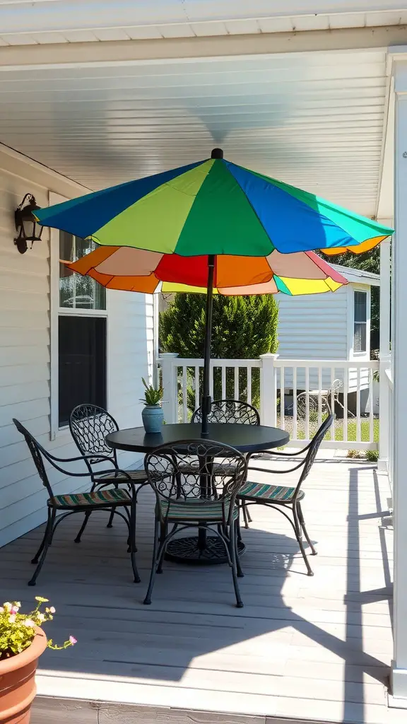 15 Creative Mobile Home Porch Ideas for a Cozy Outdoor Space 6 A mobile home porch with a circular table and colorful umbrella providing shade, surrounded by chairs and a potted plant.