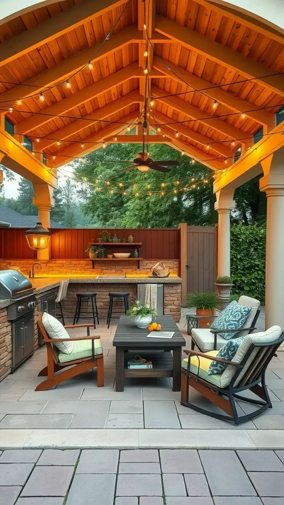 29 Gorgeous Garden Summer House Ideas to Enhance Your Outdoor Space 7 An inviting outdoor entertaining area with a wooden ceiling, string lights, comfortable seating, and a grilling station.