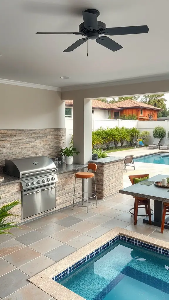 17 Stunning Pool Landscaping Ideas You’ll Love 14 A modern outdoor kitchen with a grill, stools, and a view of a pool, surrounded by greenery.