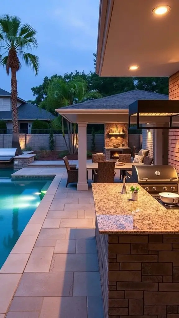 21 Creative Pool Patio Ideas to Elevate Your Outdoor Space 2 An outdoor kitchen and dining area by a pool, featuring a grill, stone countertop, and cozy seating.