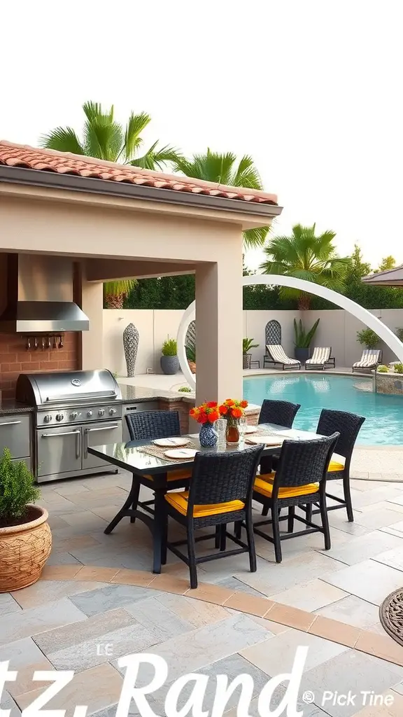 13 Dreamy Lazy River Pool Ideas for Your Backyard Transformation 11 An outdoor kitchen with a dining table near a pool, featuring a grill and colorful chairs.