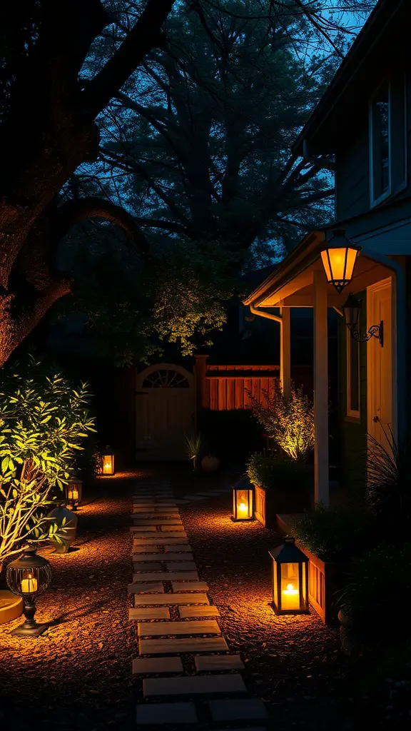 23 Creative Side Yard Landscaping Ideas You’ll Love 5 A beautifully lit pathway with lanterns and plants, creating a warm evening atmosphere.