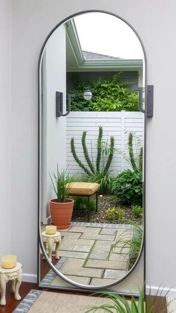 27 Inspiring Outdoor Entryway Decor Ideas to Enhance Your Home's Curb Appeal 15 A tall outdoor mirror reflecting a garden area with plants and a bench.