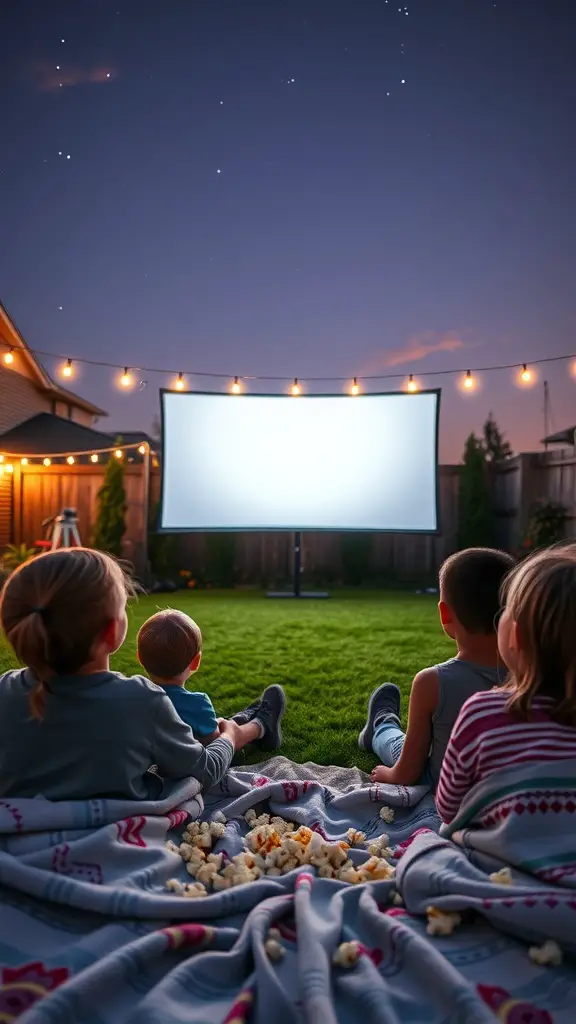 15 Fun Outdoor Activities for Kids to Enjoy 12 Kids sitting on a blanket watching a movie outdoors on a summer night.