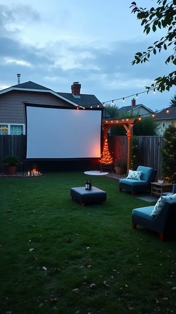 23 Inspiring Backyard Layout Ideas for Your Outdoor Oasis 15 Backyard outdoor movie theater with a screen, seating, and string lights