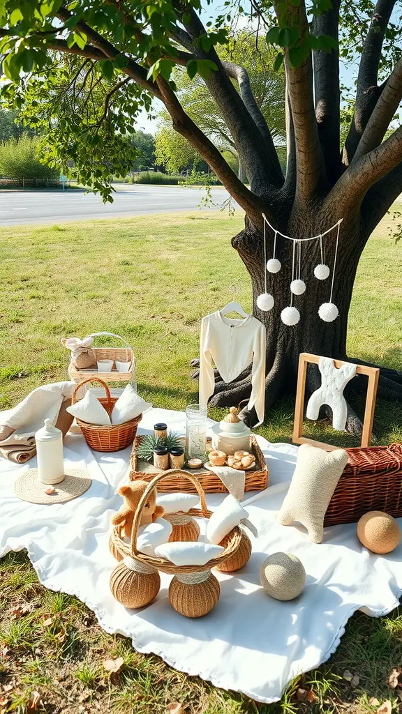 19 Creative Summer Baby Shower Ideas to Celebrate the Mom-to-Be 8 A cozy outdoor picnic setup under a tree, featuring a white blanket, decorative pillows, baskets, and hanging pom-poms.