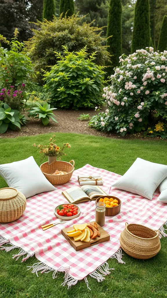 23 Adorable Garden Baby Shower Ideas You Need to Try 8 Outdoor picnic setup with a pink gingham blanket, pillows, snacks, and decorative baskets in a garden