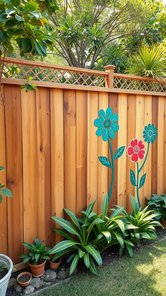 21 Creative Backyard Privacy Ideas to Keep Neighbors at Bay 2 A wooden fence with colorful flower art and plants at the base.