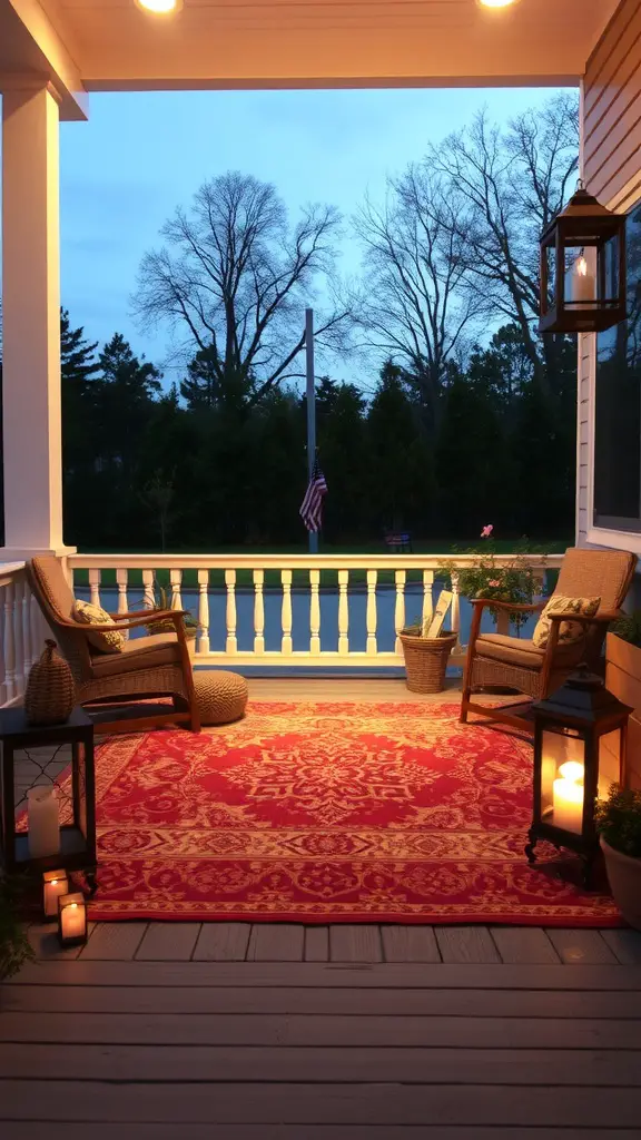 25 Charming Front Porch Furniture Ideas for a Cozy Outdoor Space 15 A cozy front porch featuring a red outdoor rug, wicker chairs, and lanterns, creating an inviting atmosphere.