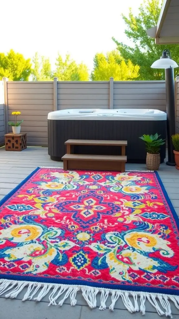 19 Creative Hot Tub Privacy Ideas for Ultimate Relaxation 17 A colorful outdoor rug placed under a hot tub on a wooden deck.