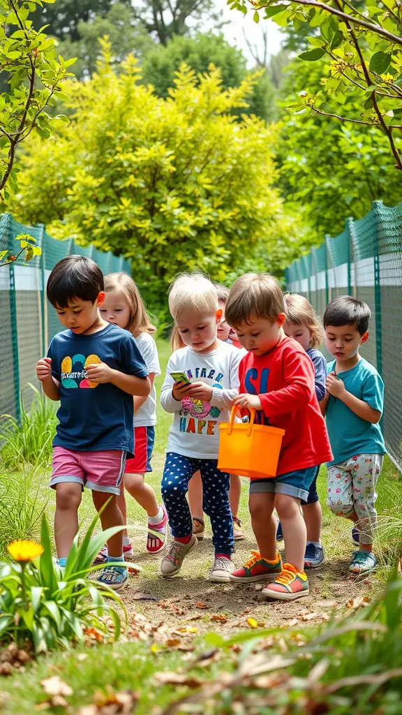 25 Enchanting Outdoor Fairy Garden Ideas to Inspire Your Creativity 18 Children participating in an outdoor scavenger hunt, walking on a path surrounded by greenery.