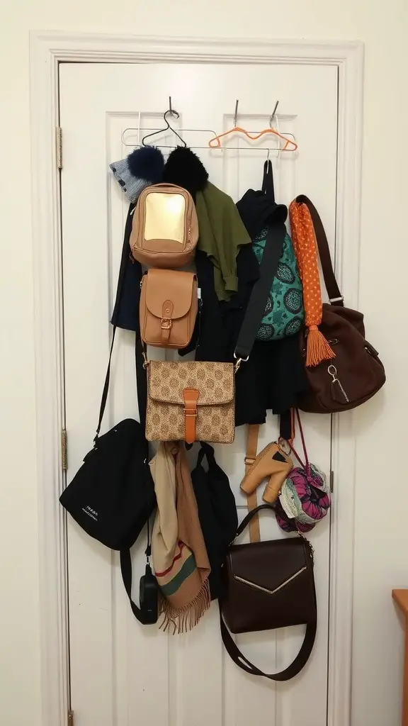 19 Creative Dorm Closet Organization Ideas You Need to Try 2 A door with various bags and accessories hanging on hooks and hangers for organization.