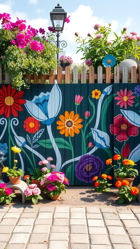 21 Creative Garden Fence Ideas to Transform Your Outdoor Space 12 A colorful garden fence mural featuring various flowers, surrounded by potted plants.