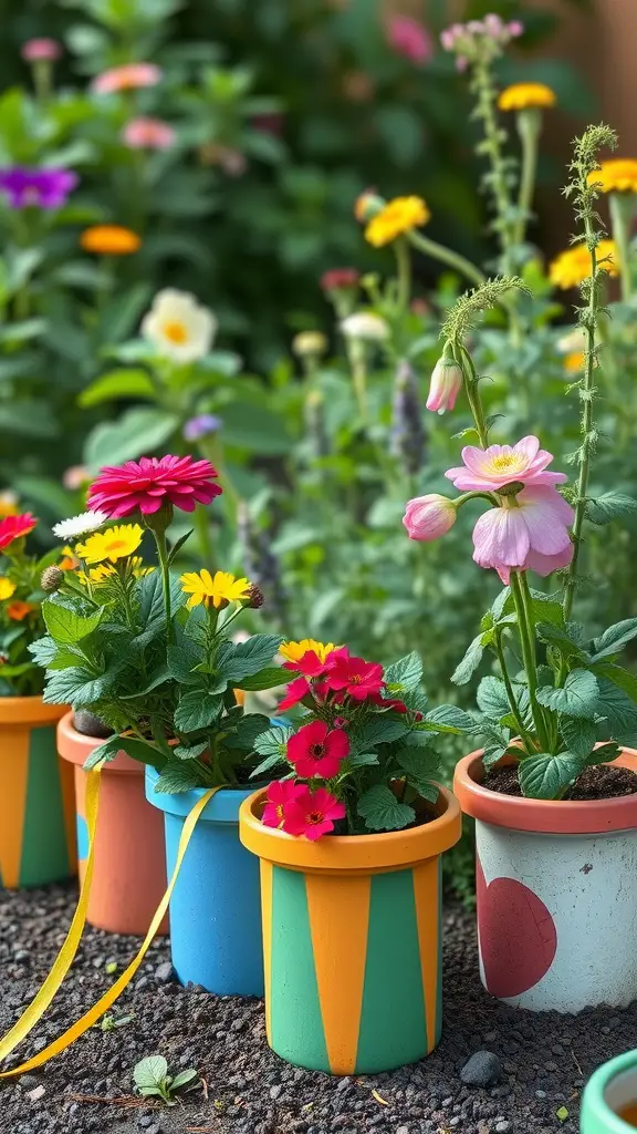 21 Creative Flower Pot Ideas to Brighten Your Space 17 Colorful painted PVC pipe planters filled with various flowers in a sunny garden.