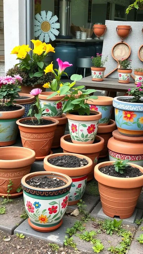 21 Creative Flower Pot Ideas to Brighten Your Space 10 An assortment of painted terracotta pots filled with colorful flowers, showcasing vibrant designs and patterns.