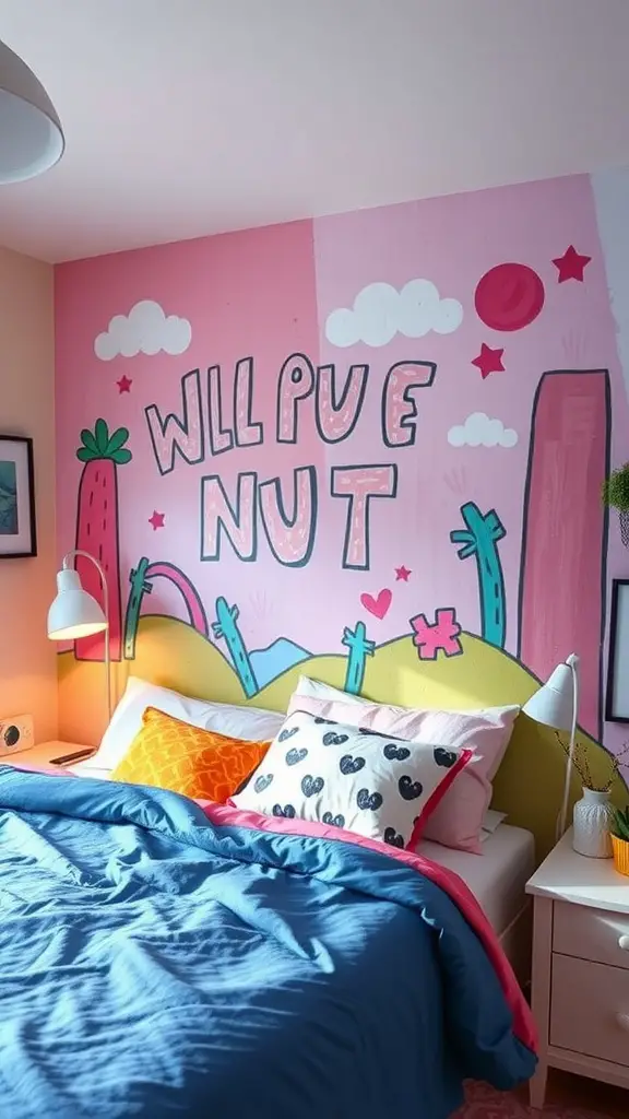 17 Creative Dorm Headboard Ideas to Transform Your Space 7 A colorful painted wall mural headboard with playful designs and bright colors.