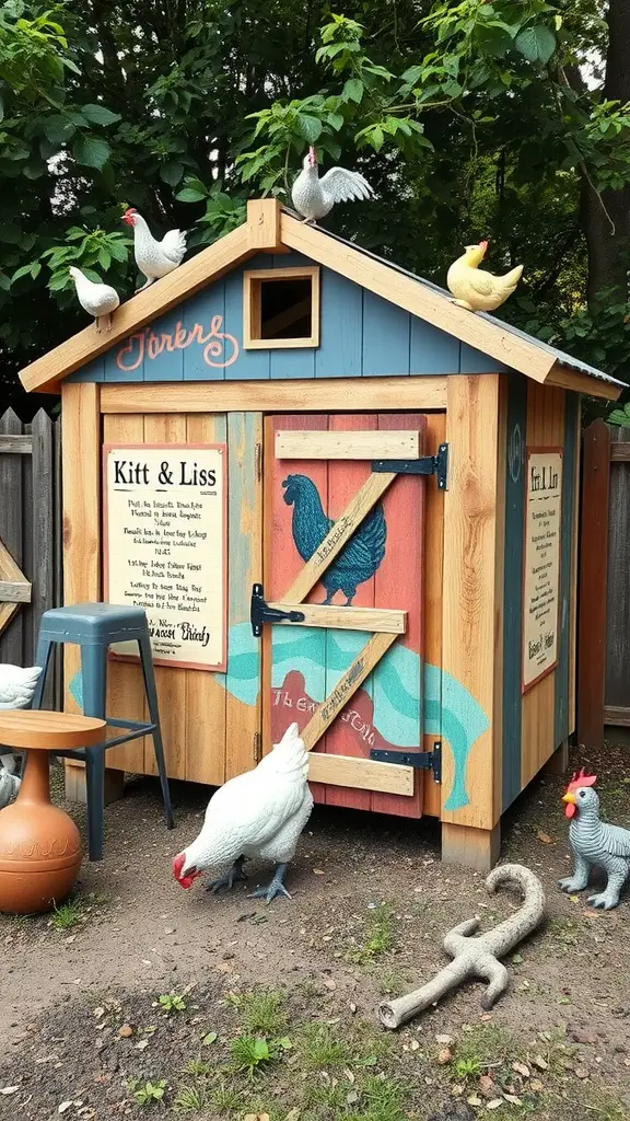 19 Creative Pallet Chicken Coop Ideas You’ll Love 15 Artistic pallet chicken coop with colorful designs and decorative chicken figurines.