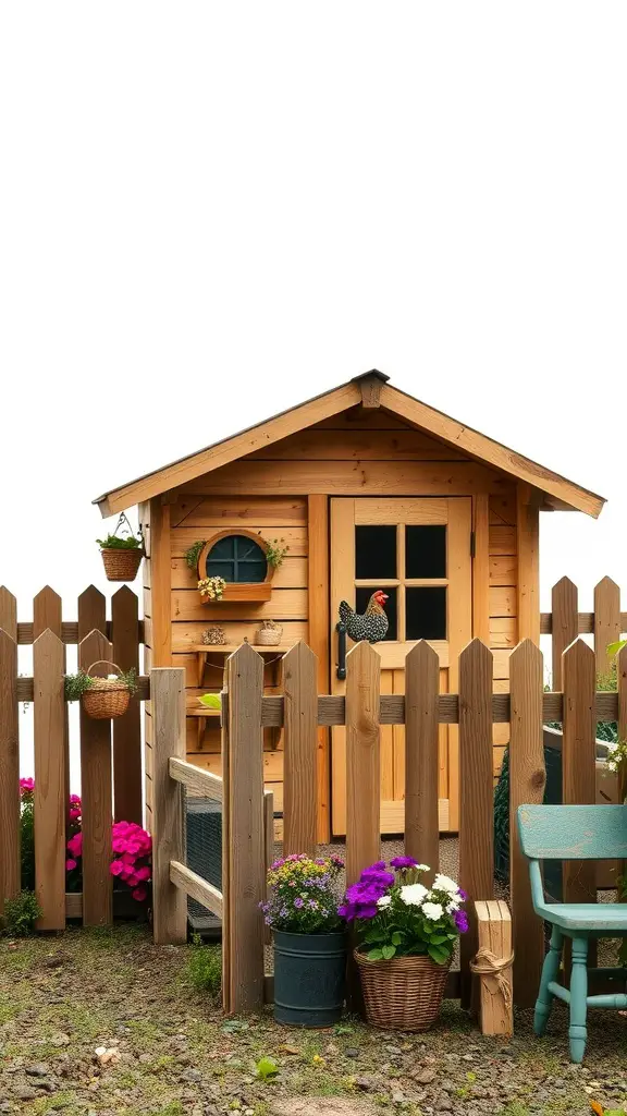 21 Creative Pallet Chicken Coop Ideas You’ll Love 16 A cozy pallet chicken coop surrounded by decorative fencing and vibrant flowers.