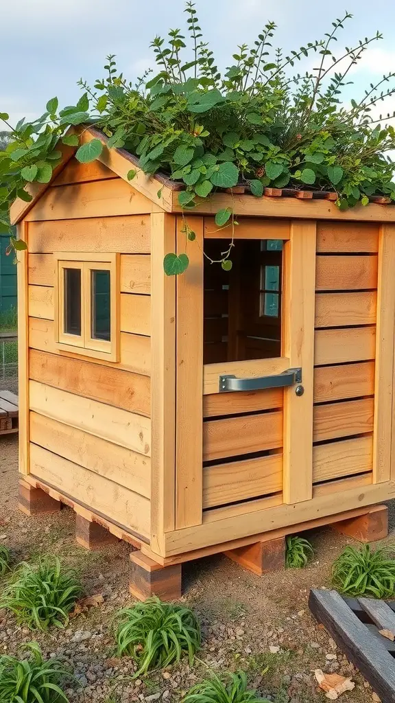19 Creative Pallet Chicken Coop Ideas You’ll Love 2 A small wooden chicken coop made from pallets, featuring a green roof adorned with plants.