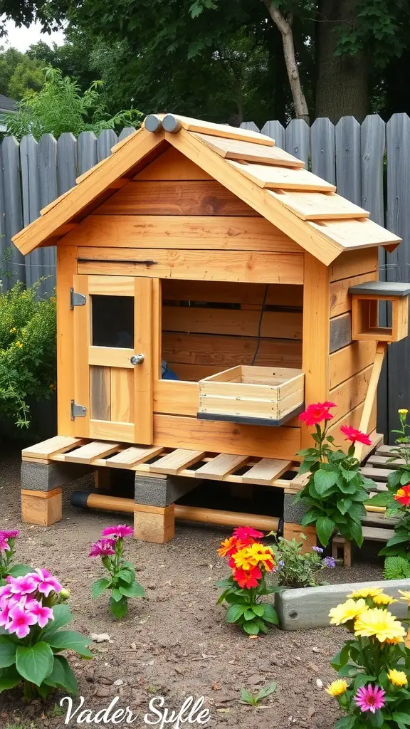19 Creative Pallet Chicken Coop Ideas You’ll Love 5 A wooden chicken coop made from pallets with an integrated feeder, surrounded by colorful flowers.