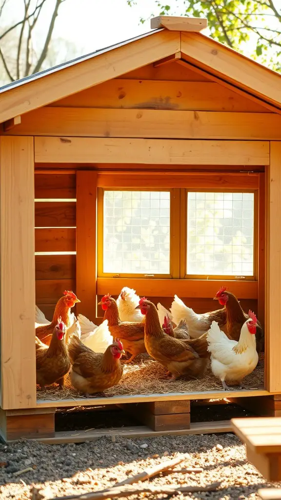 19 Creative Pallet Chicken Coop Ideas You’ll Love 12 A pallet chicken coop with large windows allowing sunlight in, featuring a group of chickens inside.