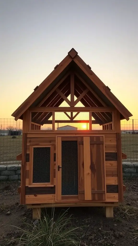 21 Creative Pallet Chicken Coop Ideas You’ll Love 15 Pallet chicken coop with A-frame roof and wooden doors, set against a sunset backdrop.