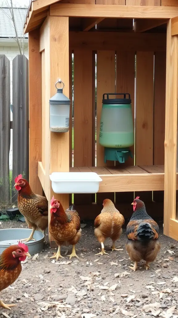19 Creative Pallet Chicken Coop Ideas You’ll Love 14 A rustic pallet chicken coop with a feeder and waterer, surrounded by chickens.