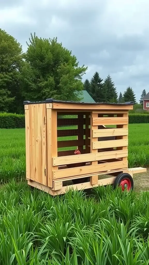 21 Creative Pallet Chicken Coop Ideas You’ll Love 10 A wooden pallet chicken coop on wheels, set in a grassy area with trees in the background.