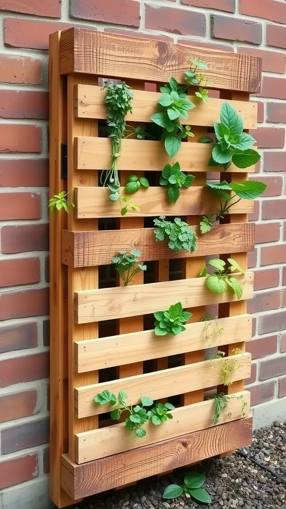 15 Creative Indoor Herb Planter Ideas for Your Home 8 A vertical pallet herb planter with various herbs planted in it.