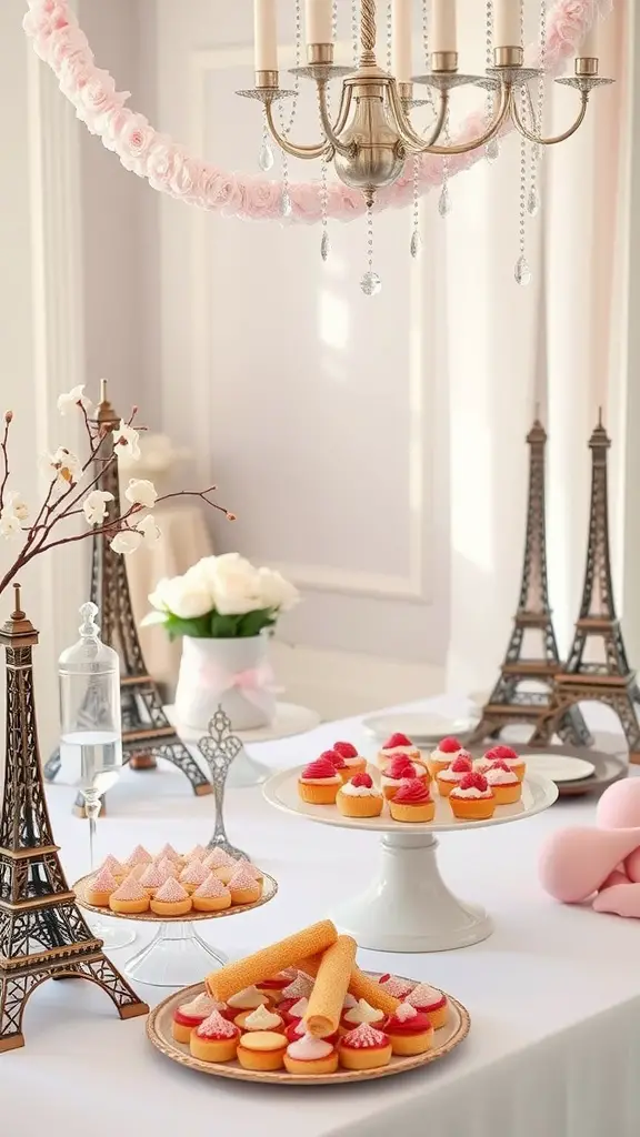 27 Creative Wedding Shower Theme Ideas You’ll Love 13 A beautifully decorated table for a Parisian Chic wedding shower featuring pastries, Eiffel Tower decorations, and soft pink flowers.
